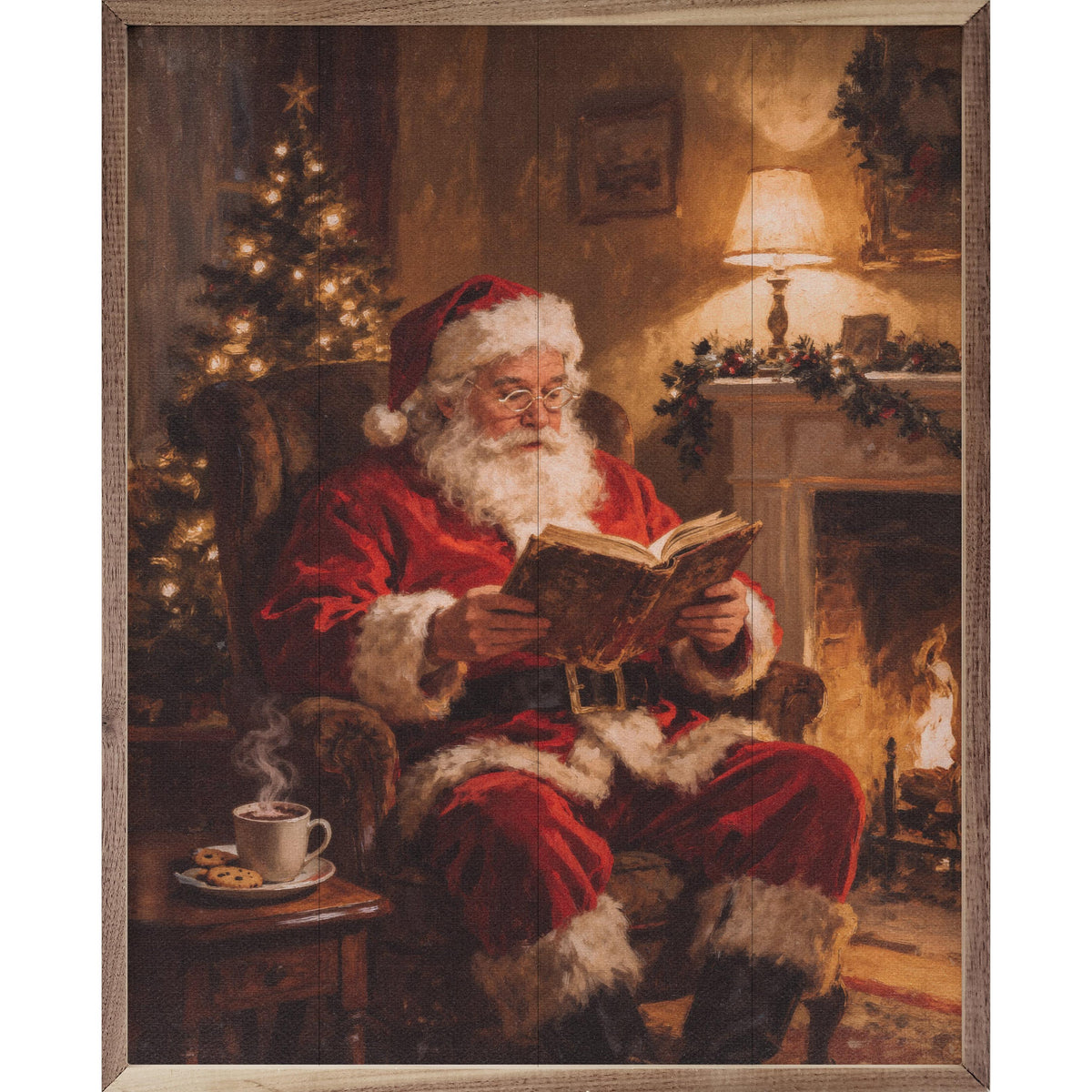 Santa Claus By The Fireplace Printed and Framed Wall Sign