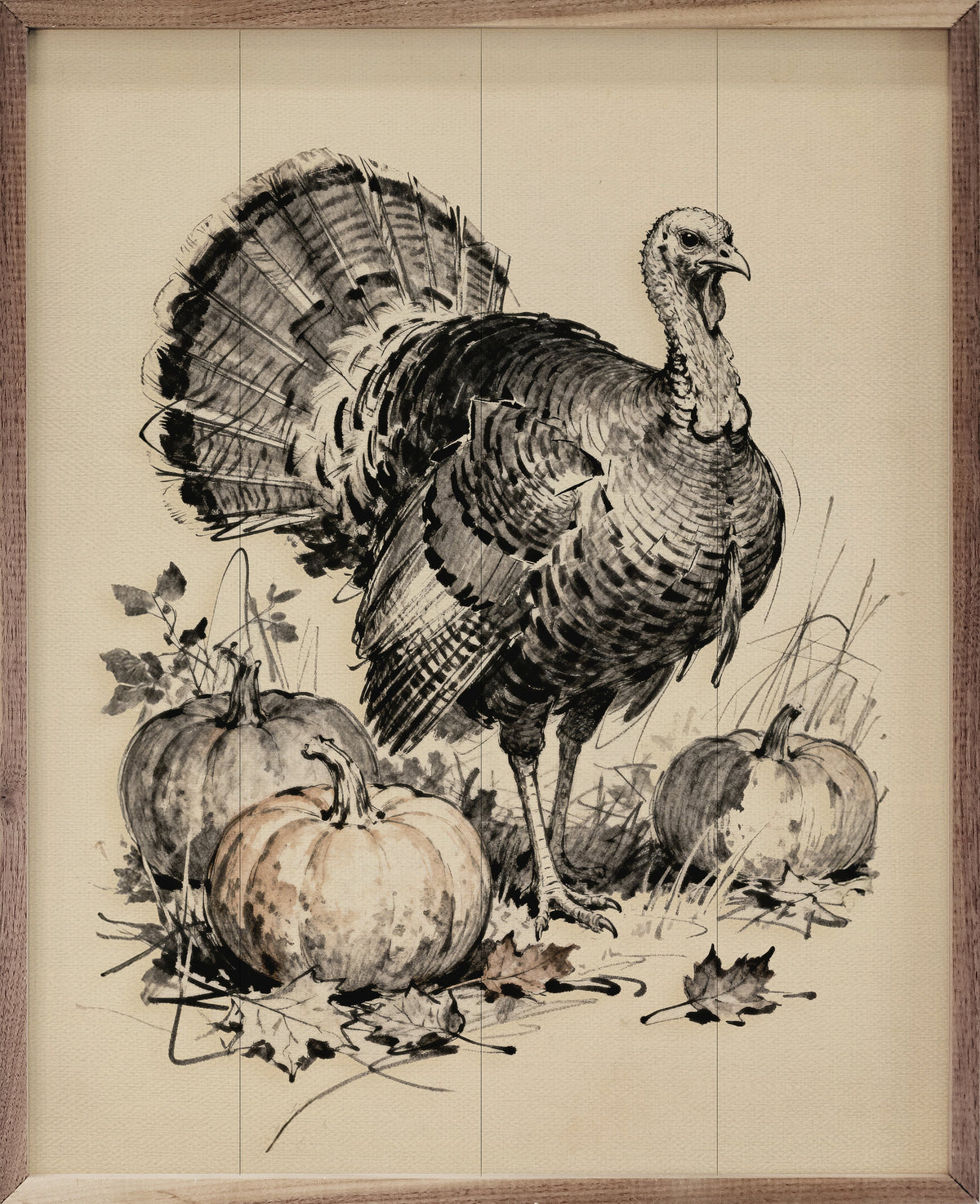 Turkey With Pumpkins Printed and Framed Wall Sign