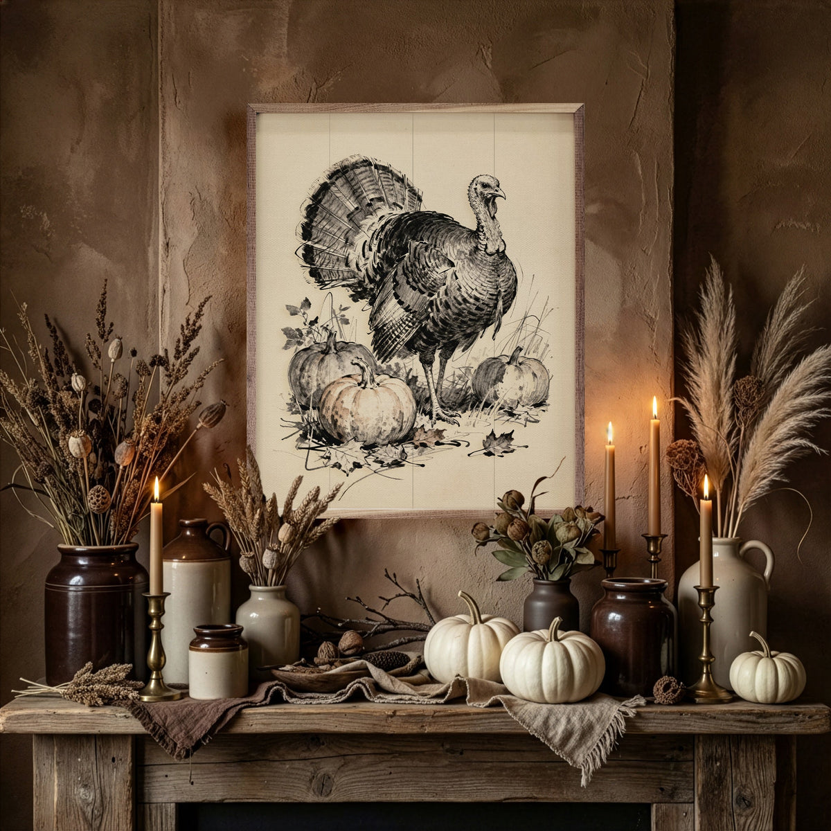Turkey With Pumpkins Printed and Framed Wall Sign