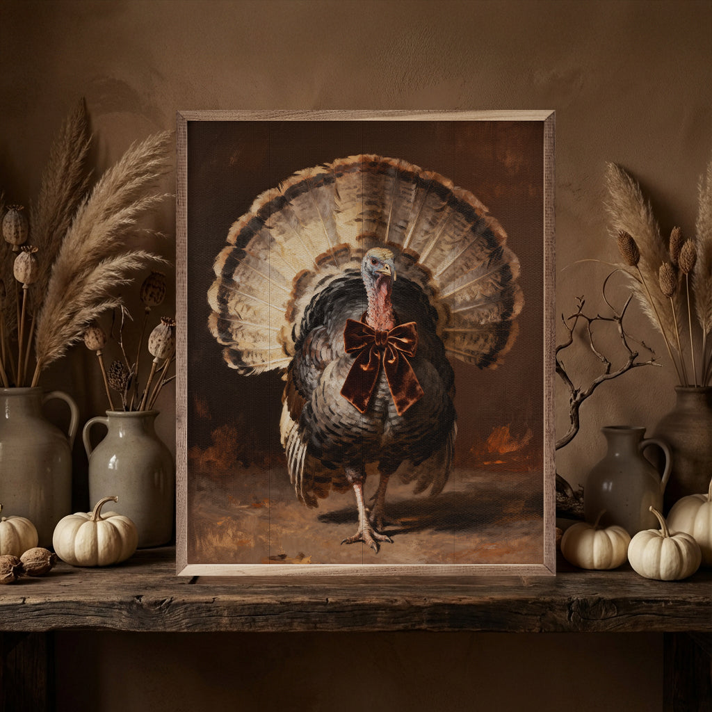 Turkey With Velvet Bow Printed and Framed Wall Sign