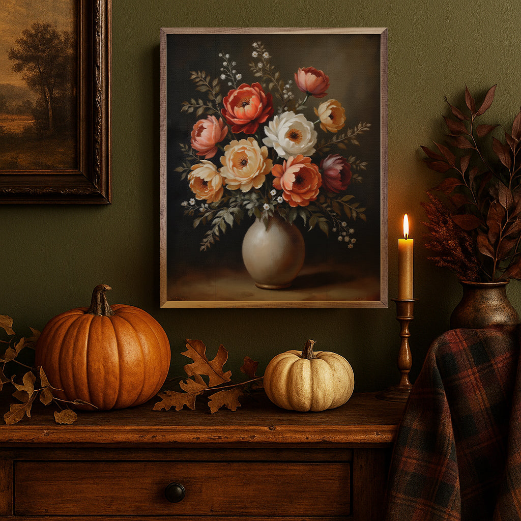 Autumn Bouquet White Vase Printed and Framed Wall Sign