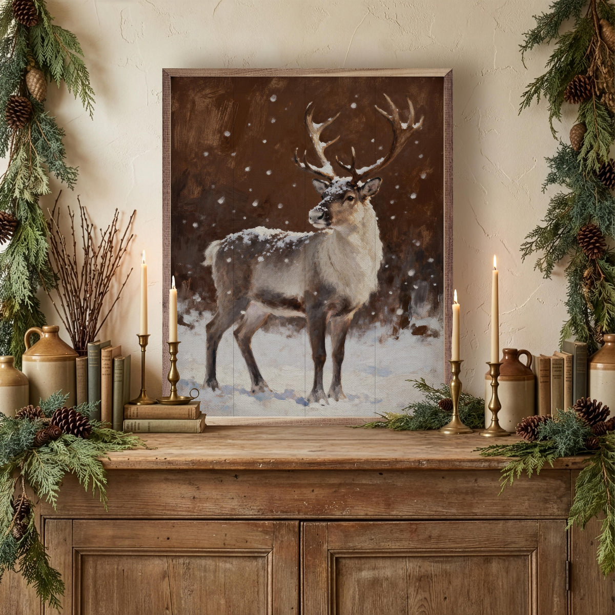 Reindeer Brown Looking Left Printed and Framed Wall Sign