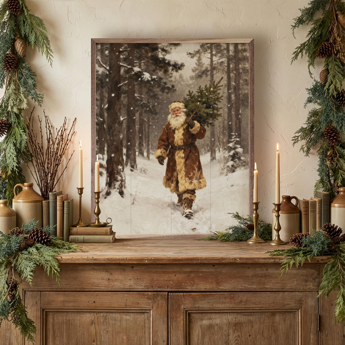 Santa And The Christmas Tree Printed and Framed Wall Sign