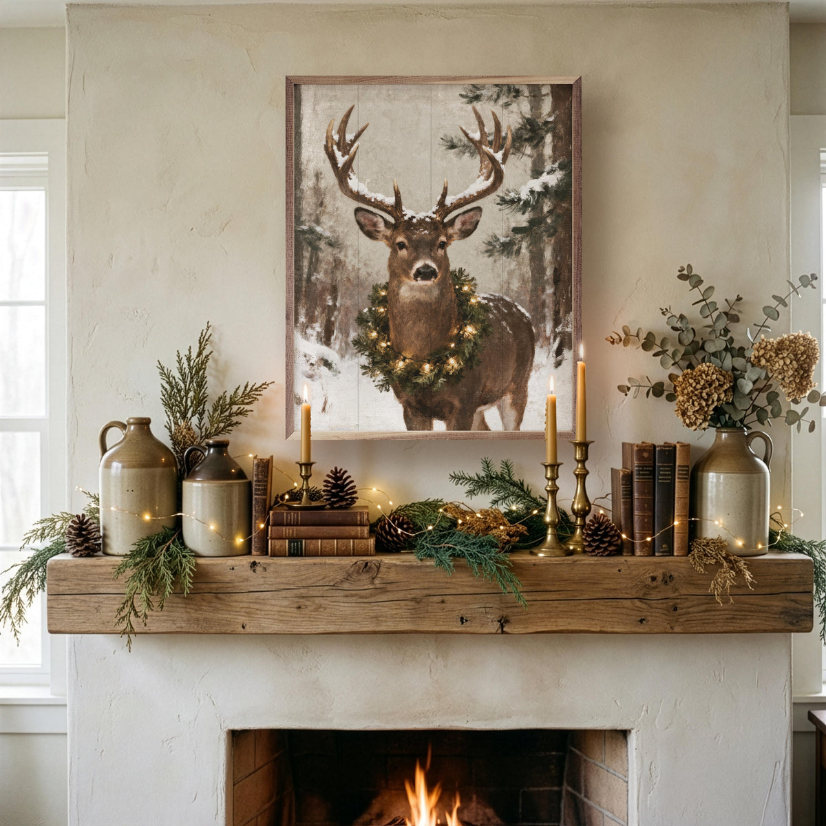 Whitetail Holiday Deer Portrait Printed and Framed Wall Sign