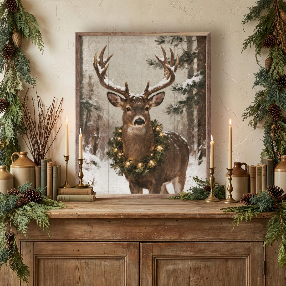Whitetail Holiday Deer Portrait Printed and Framed Wall Sign