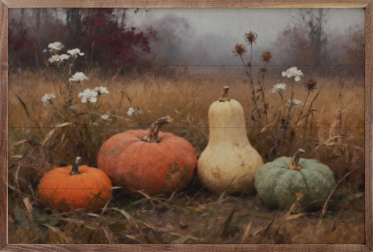 Assorted Gourds With Two Orange Printed and Framed Wall Sign