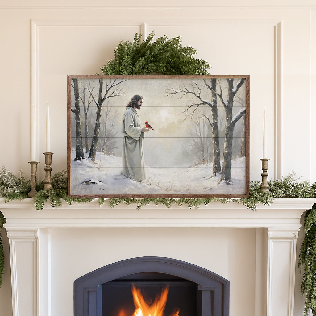 Cardinal And Jesus In Snow Printed and Framed Wall Sign