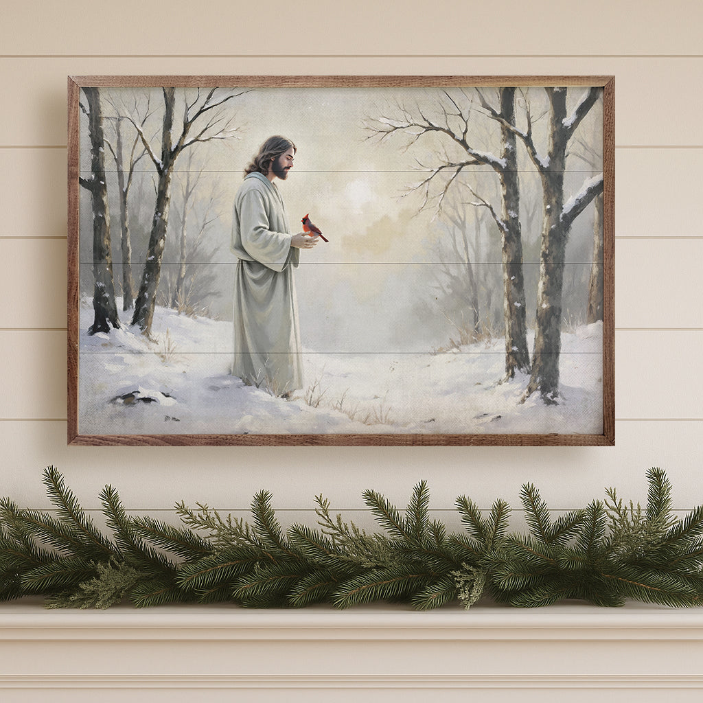 Cardinal And Jesus In Snow Printed and Framed Wall Sign