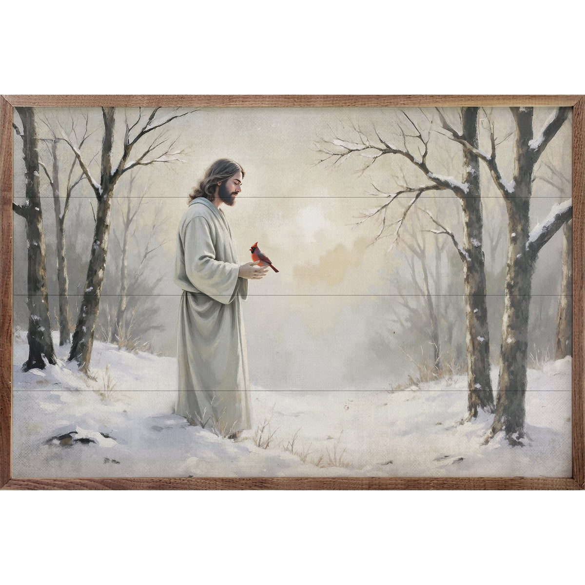 Cardinal And Jesus In Snow Printed and Framed Wall Sign