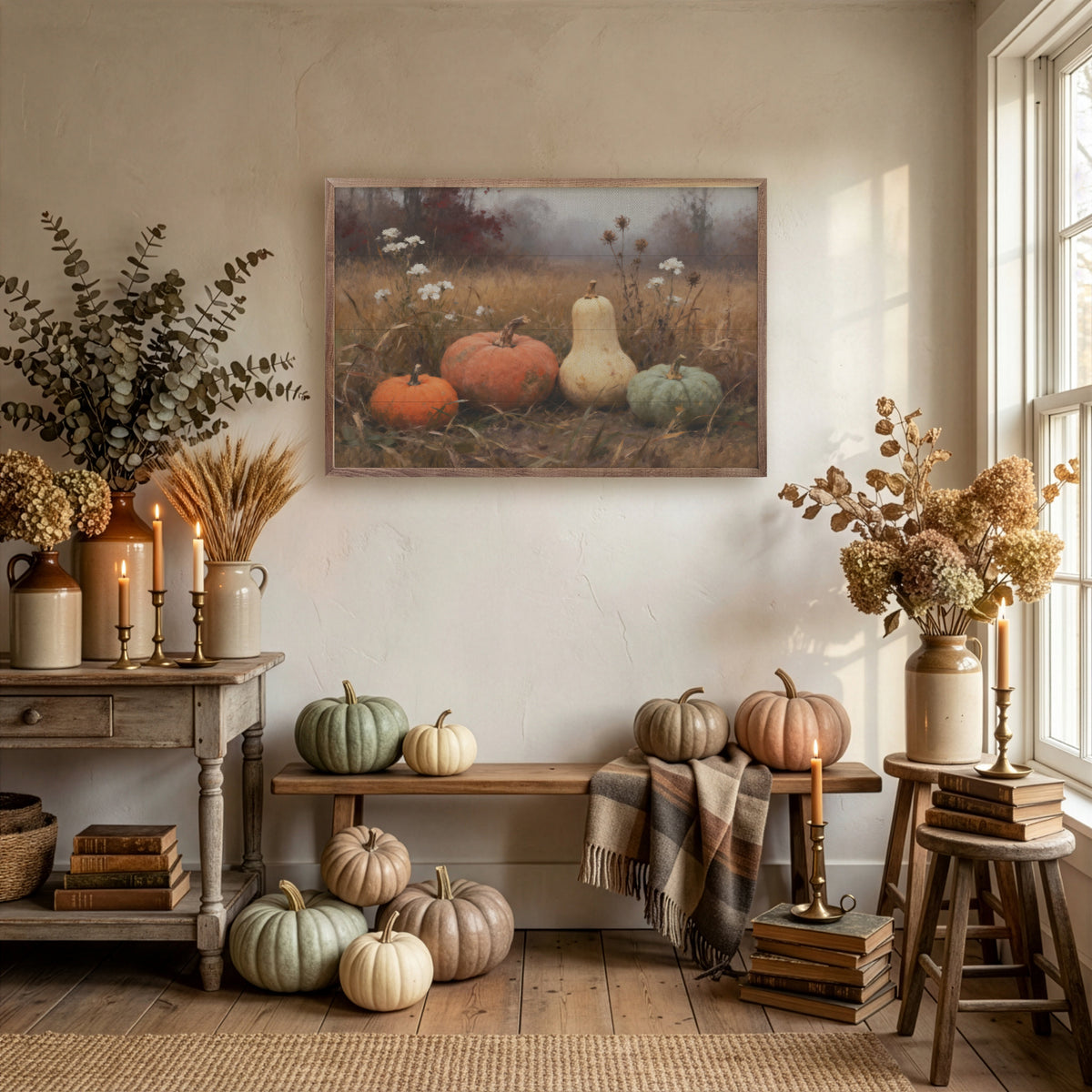 Assorted Gourds With Two Orange Printed and Framed Wall Sign