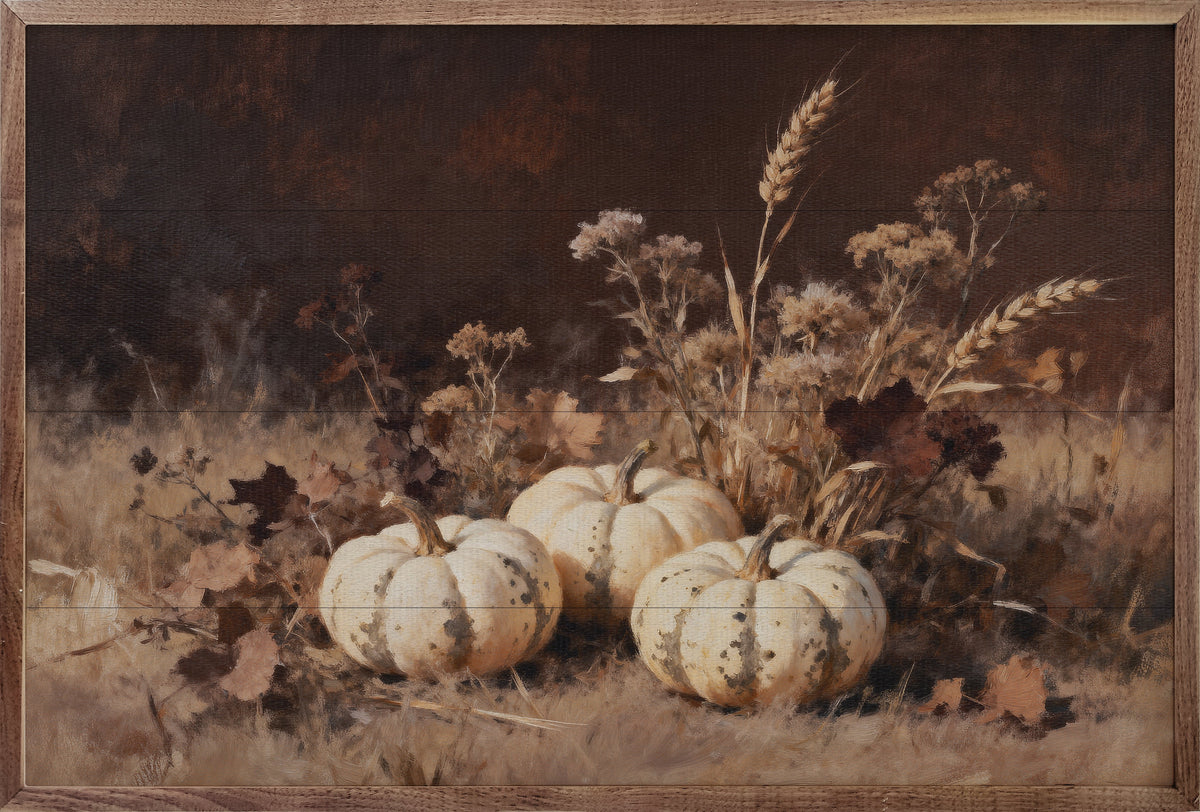Three White Pumpkins In Grass Printed and Framed Wall Sign