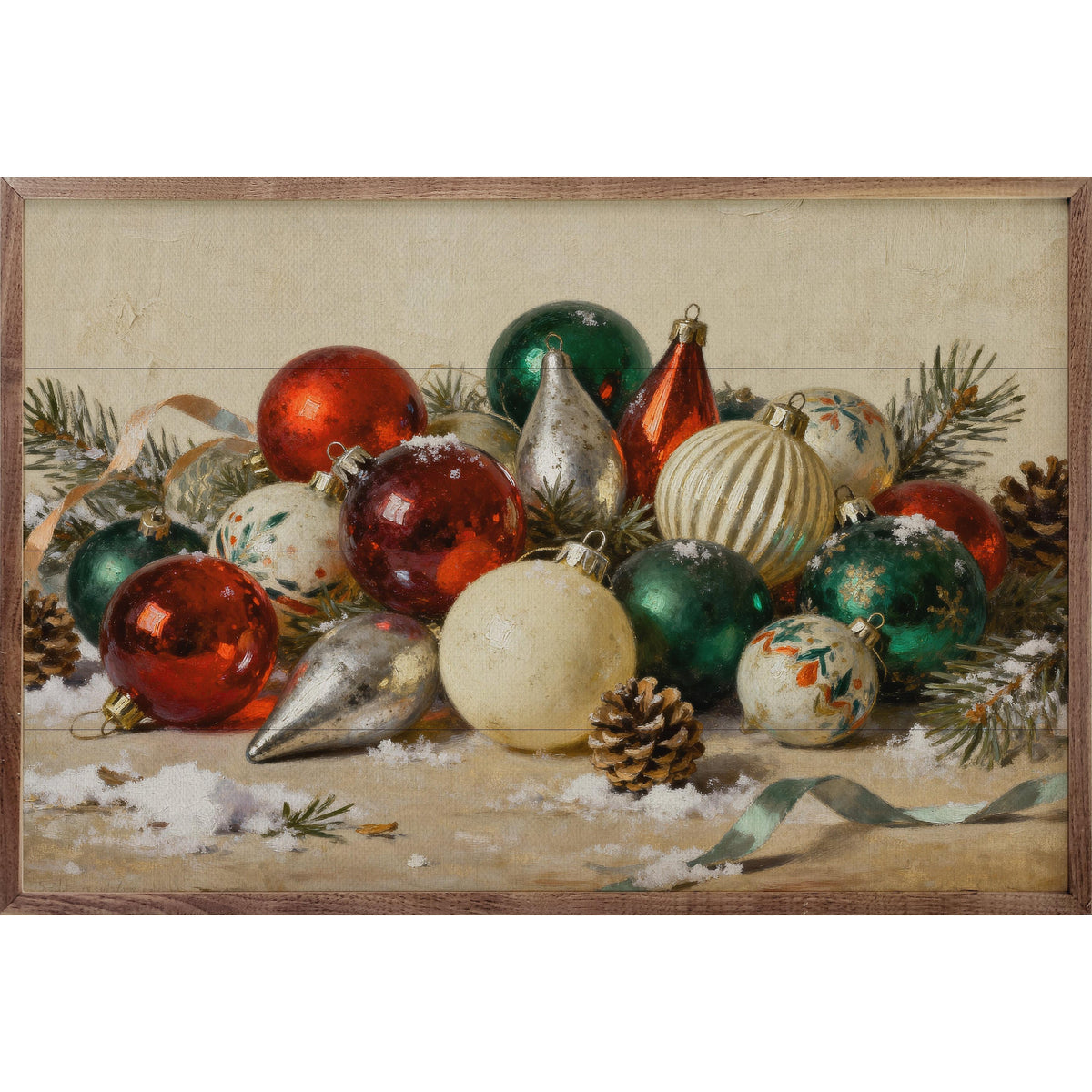 Vintage Ornaments With Pinecones Printed and Framed Wall Sign