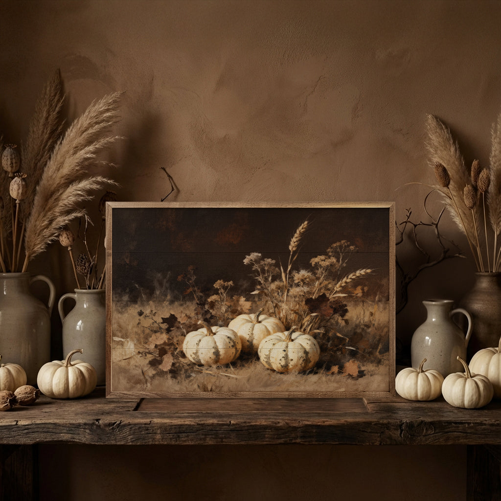 Three White Pumpkins In Grass Printed and Framed Wall Sign