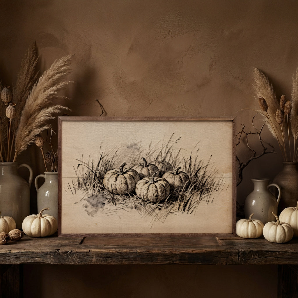 Pumpkins In Grass Simple Printed and Framed Wall Sign
