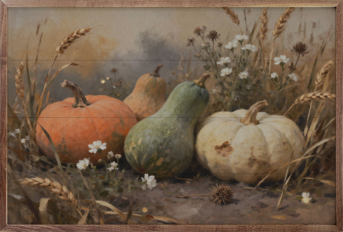 Assorted Gourds With One White Printed and Framed Wall Sign