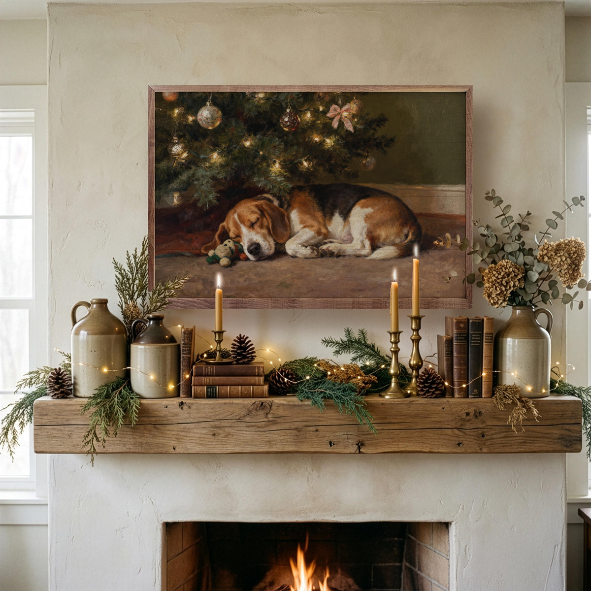 Beagle Under The Christmas Tree Printed and Framed Wall Sign
