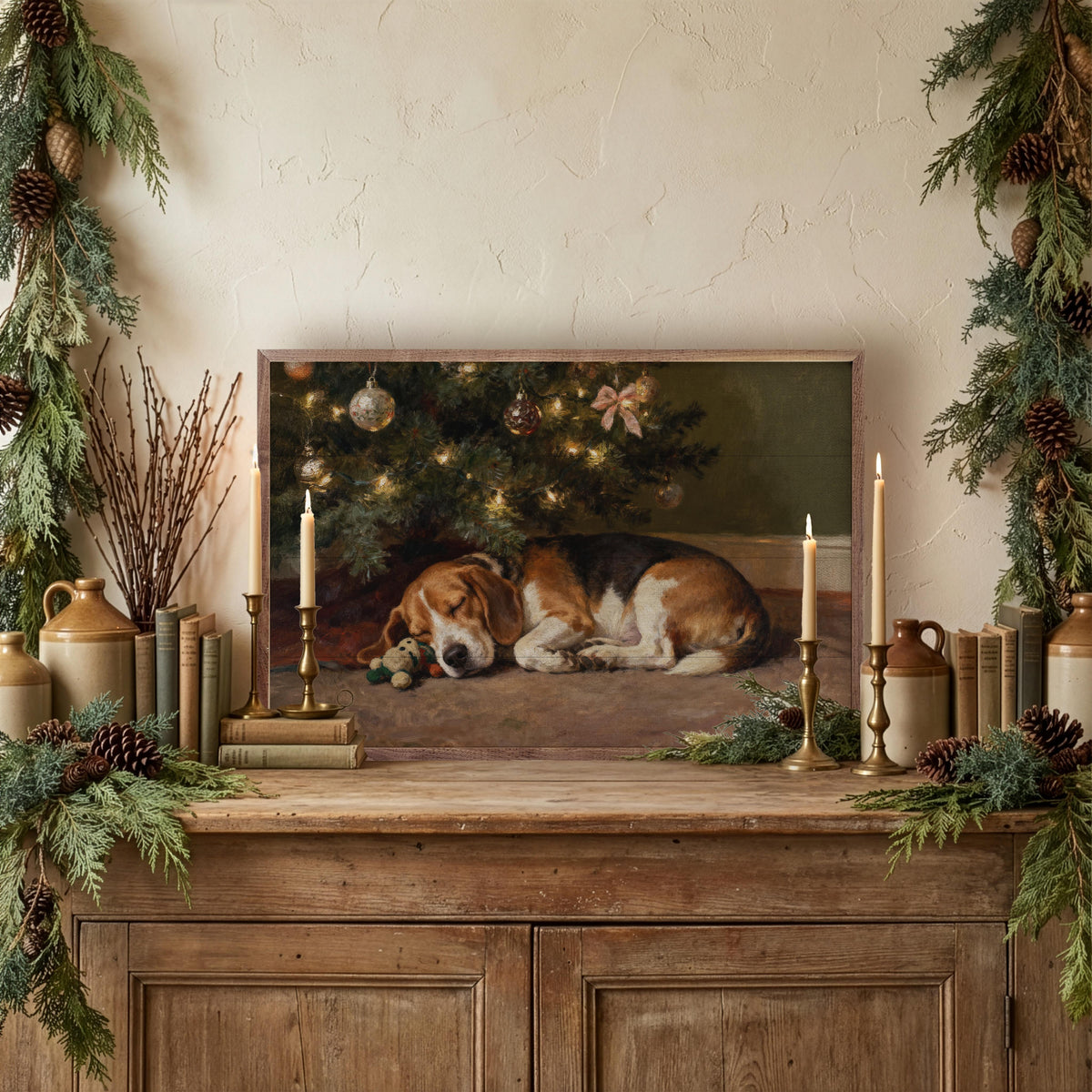 Beagle Under The Christmas Tree Printed and Framed Wall Sign