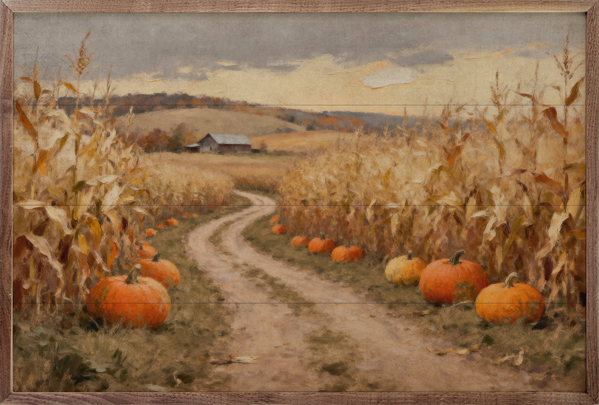 Corn Field Lane With Pumpkins Printed and Framed Wall Sign