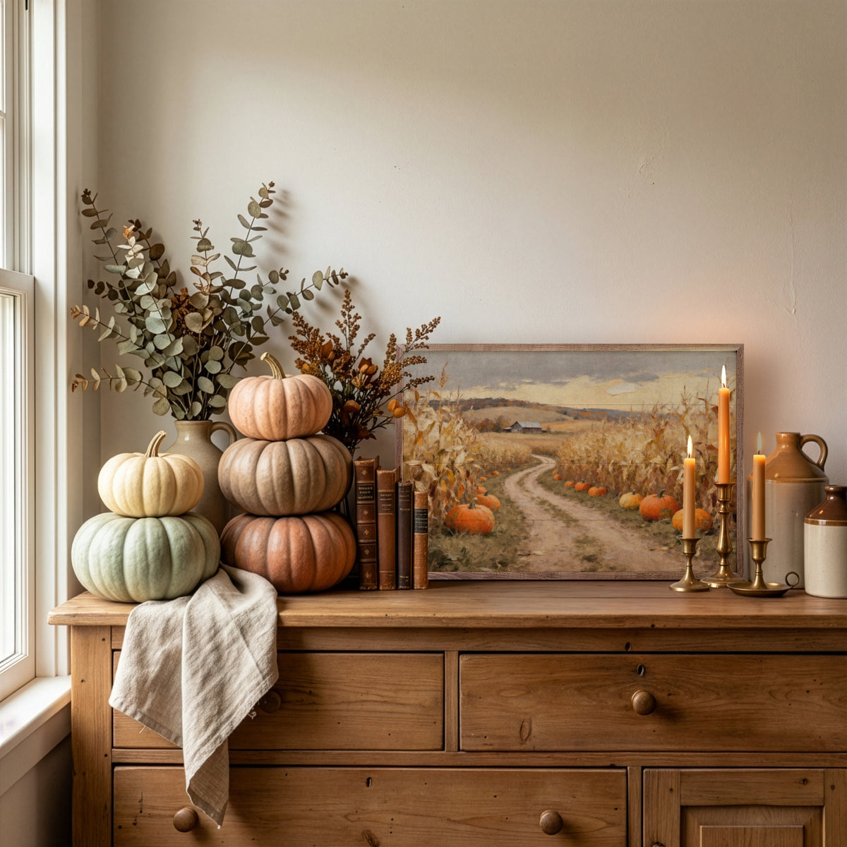 Corn Field Lane With Pumpkins Printed and Framed Wall Sign