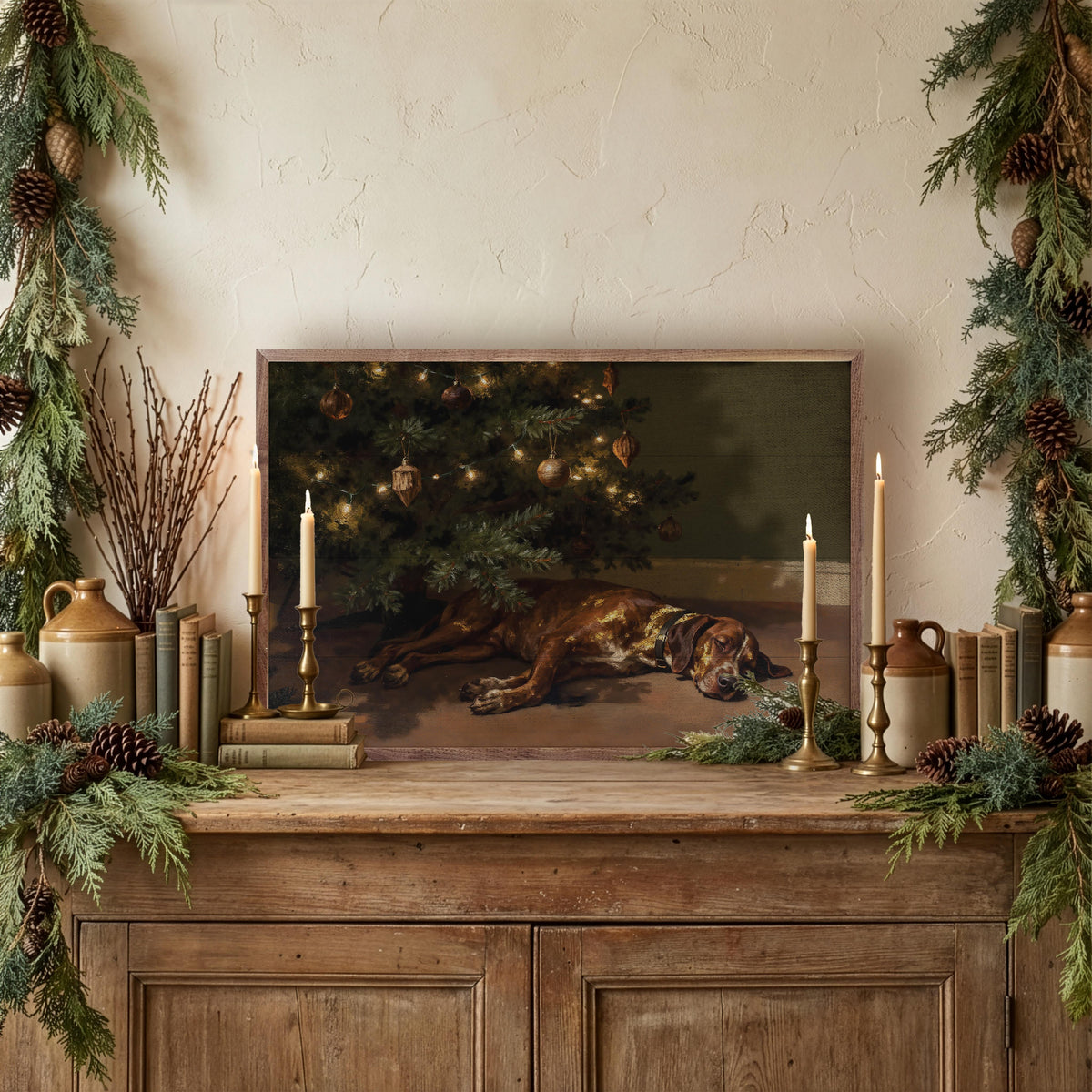 Hound Under The Christmas Tree Printed and Framed Wall Sign