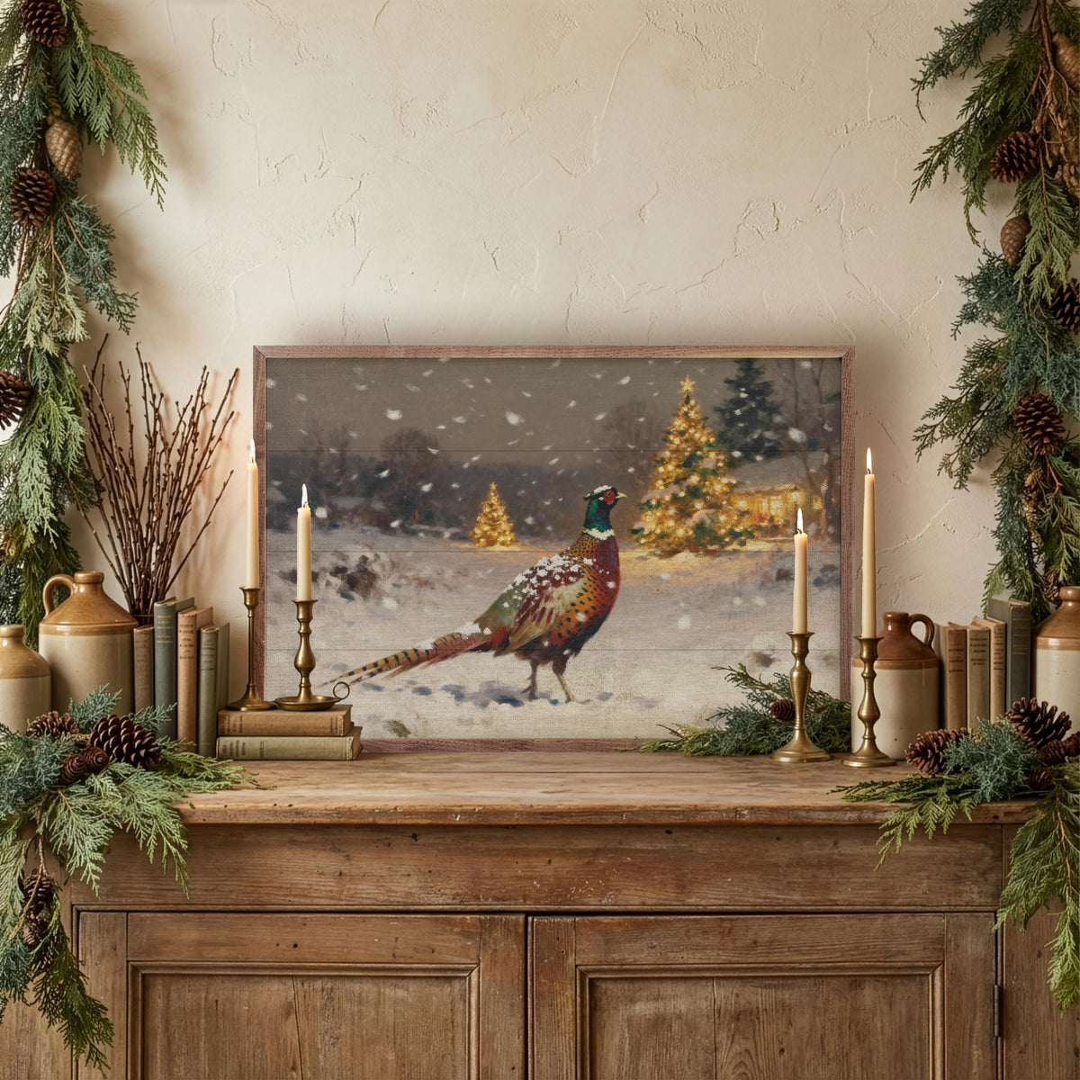 Pheasant At Christmas Printed and Framed Wall Sign