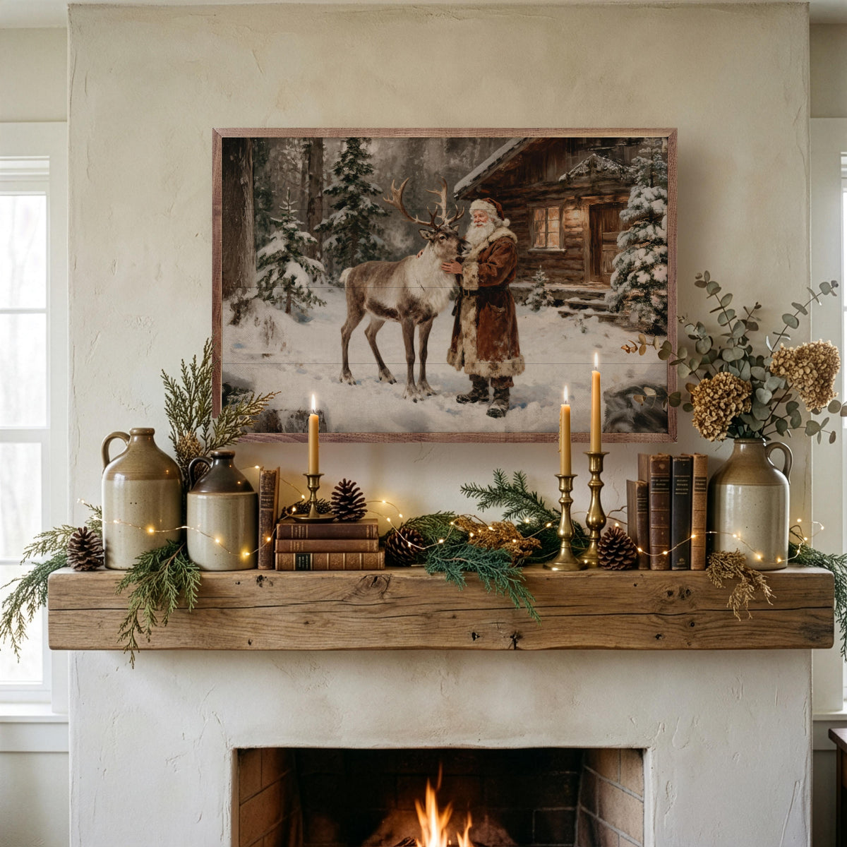 Santa And His Reindeer Cabin Printed and Framed Wall Sign