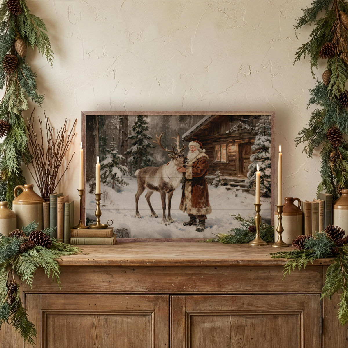 Santa And His Reindeer Cabin Printed and Framed Wall Sign