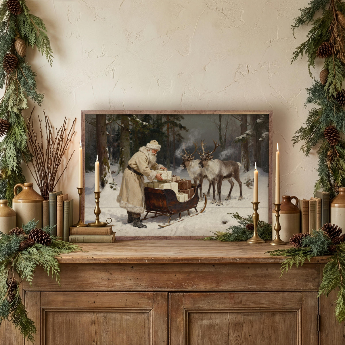 Santa And His Reindeer Sleigh Printed and Framed Wall Sign