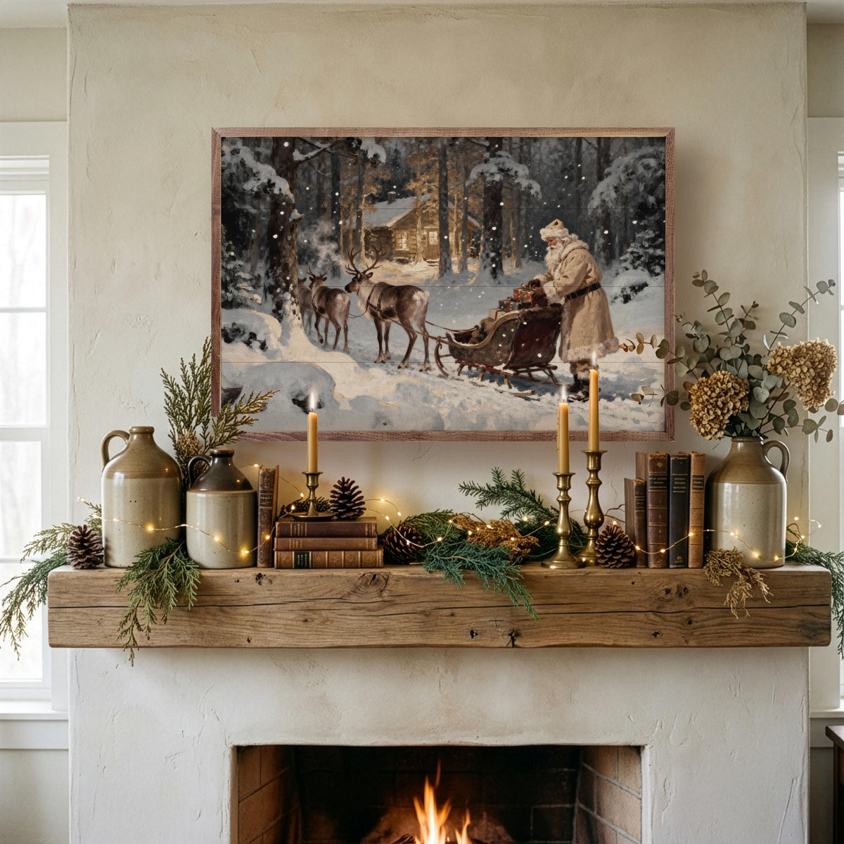 Santa And His Reindeer Sleigh Cabin Printed and Framed Wall Sign