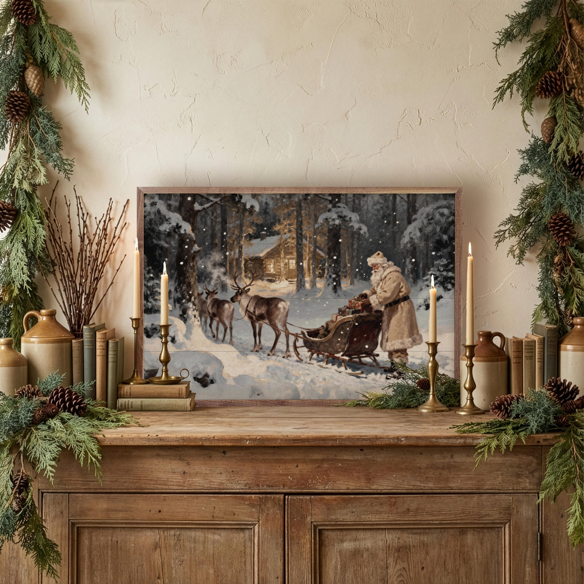 Santa And His Reindeer Sleigh Cabin Printed and Framed Wall Sign