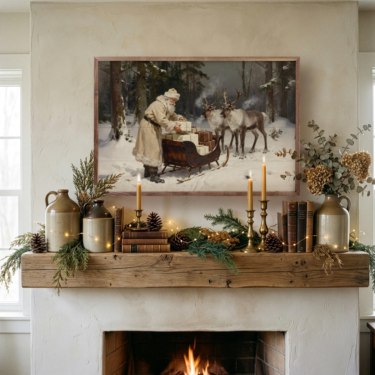 Santa And His Reindeer Sleigh Printed and Framed Wall Sign