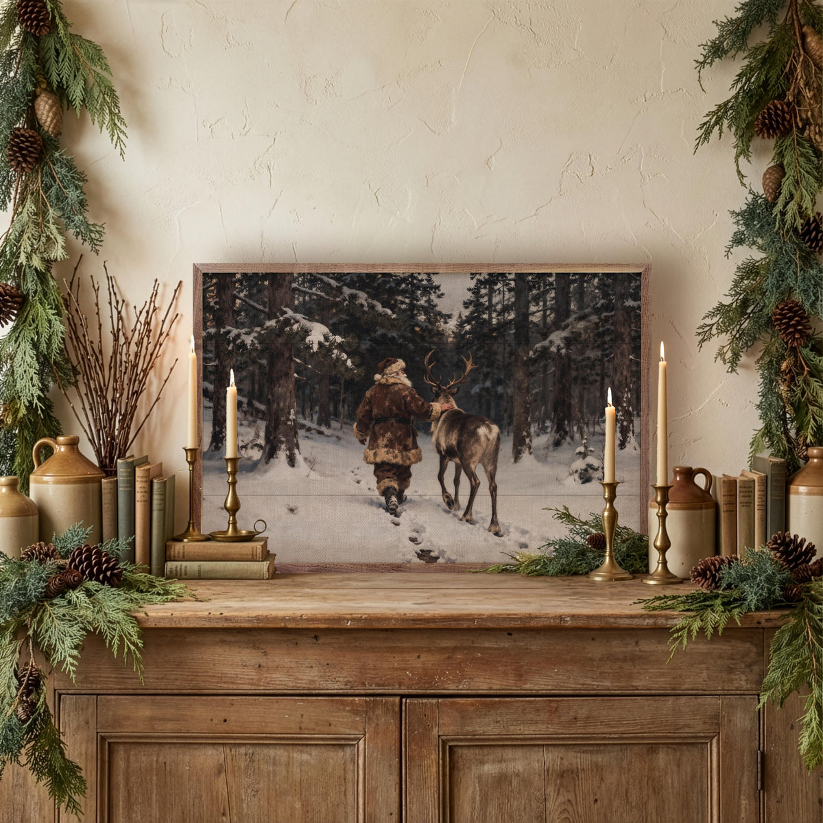 Santa And His Reindeer Walking Printed and Framed Wall Sign