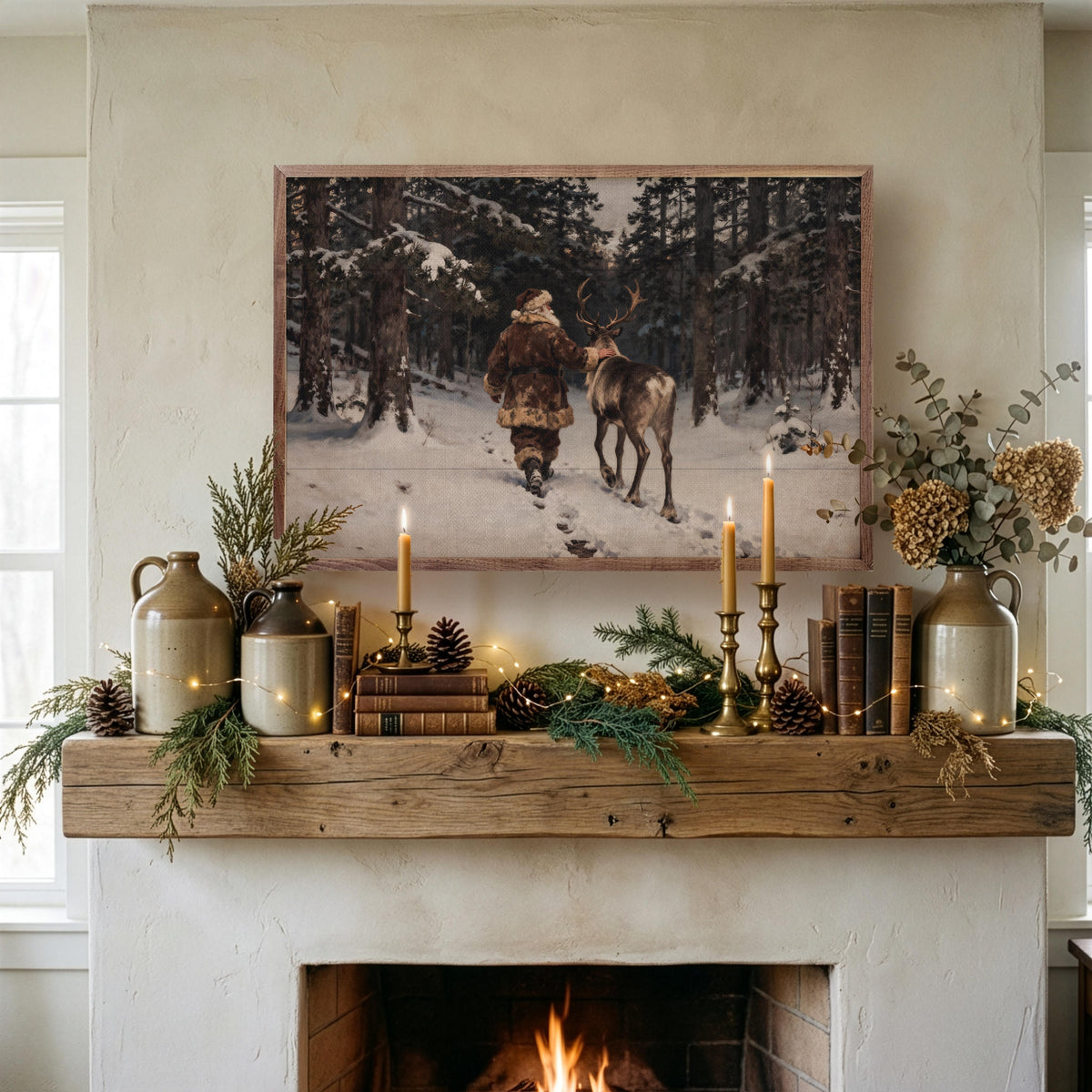 Santa And His Reindeer Walking Printed and Framed Wall Sign