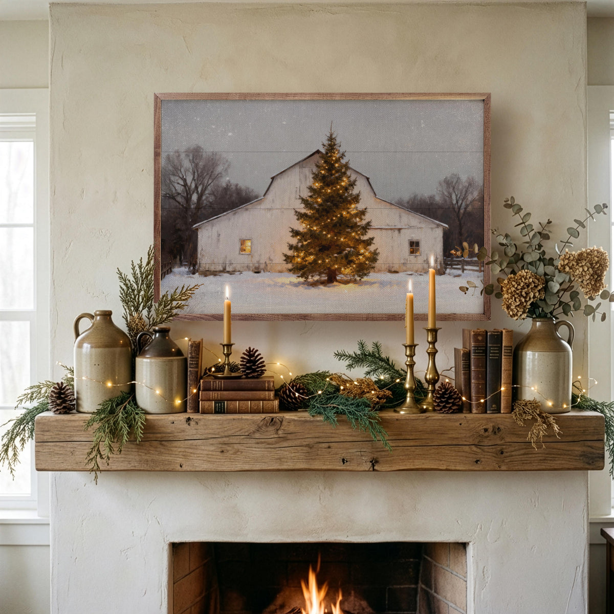 White Barn And Holiday Tree Printed and Framed Wall Sign