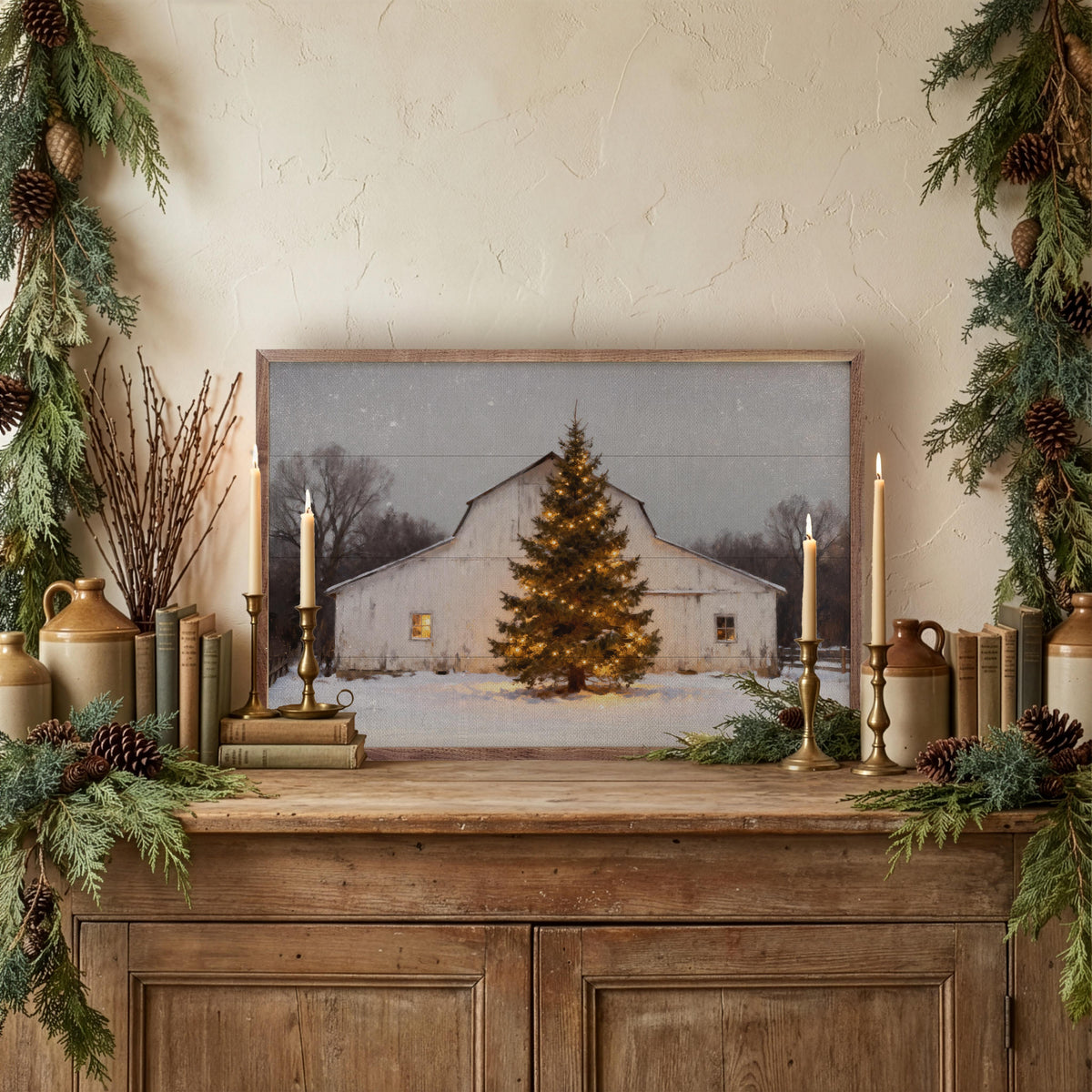 White Barn And Holiday Tree Printed and Framed Wall Sign
