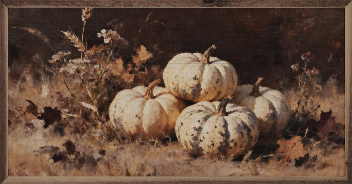 Four White Pumpkins One Speckled Printed and Framed Wall Sign