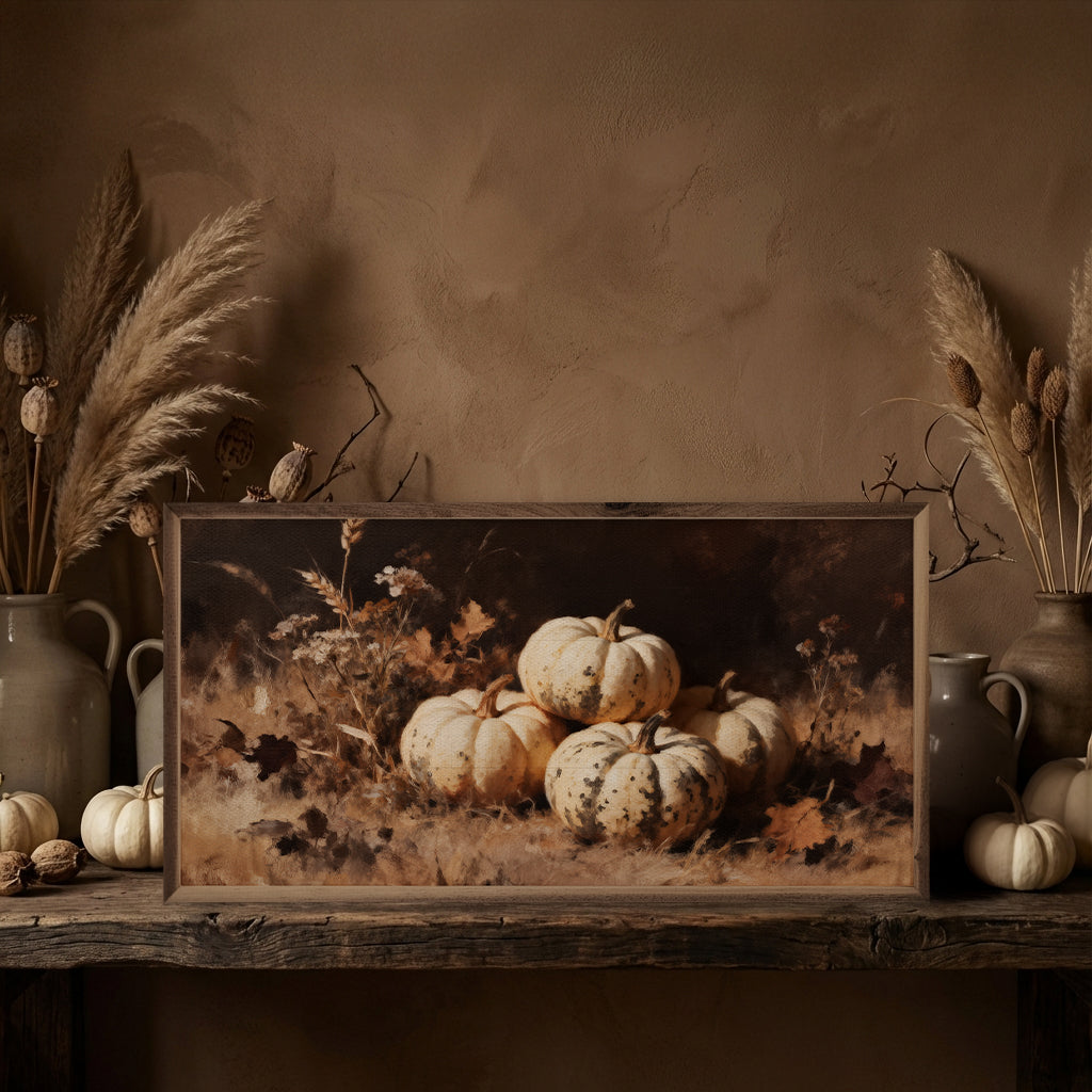Four White Pumpkins One Speckled Printed and Framed Wall Sign