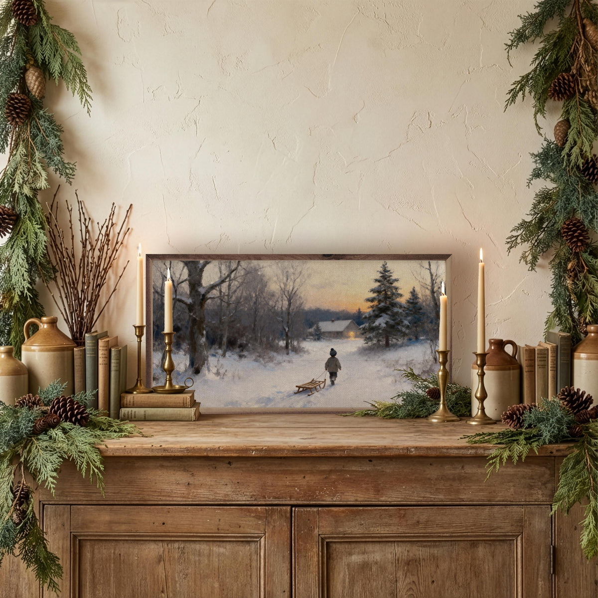 Child With Sled Printed and Framed Wall Sign