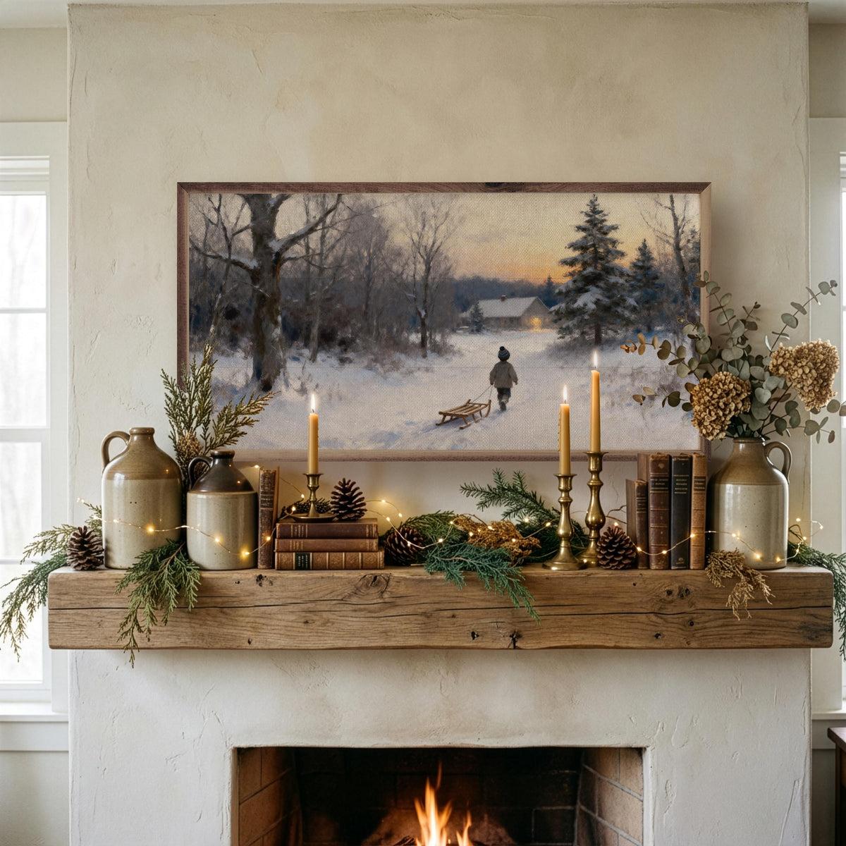 Child With Sled Printed and Framed Wall Sign