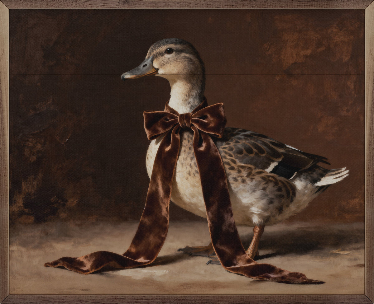 Brown Velvet Bow Duck Looking Left Printed and Framed Wall Sign
