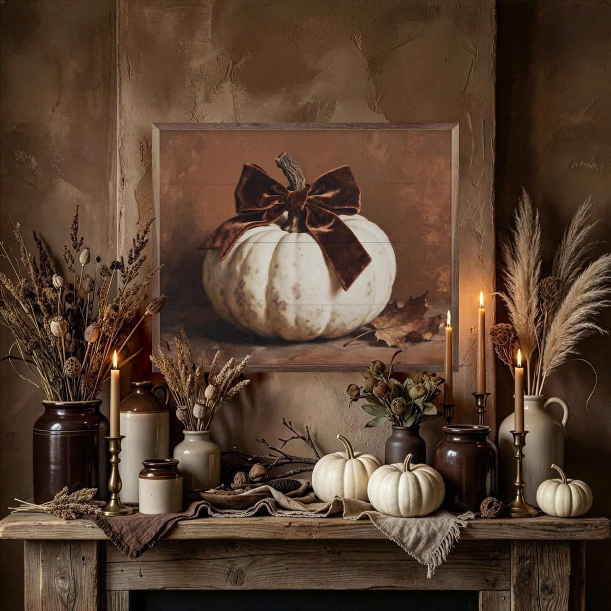 Brown Velvet Bow Pumpkin Printed and Framed Wall Sign