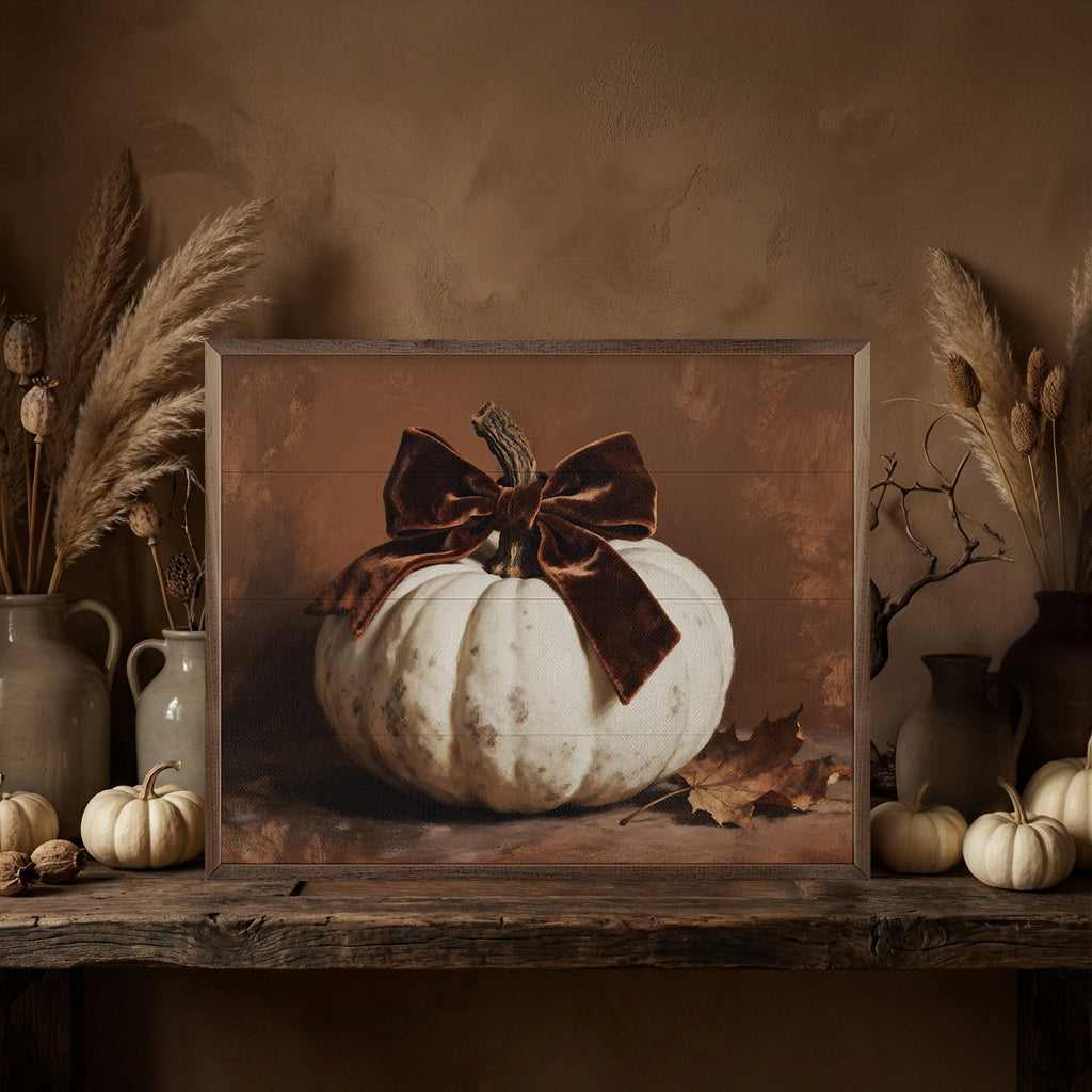 Brown Velvet Bow Pumpkin Printed and Framed Wall Sign