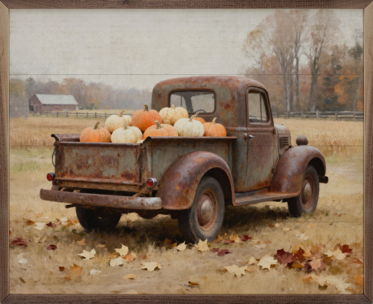 Rusty Truck With Pumpkin Harvest Printed and Framed Wall Sign