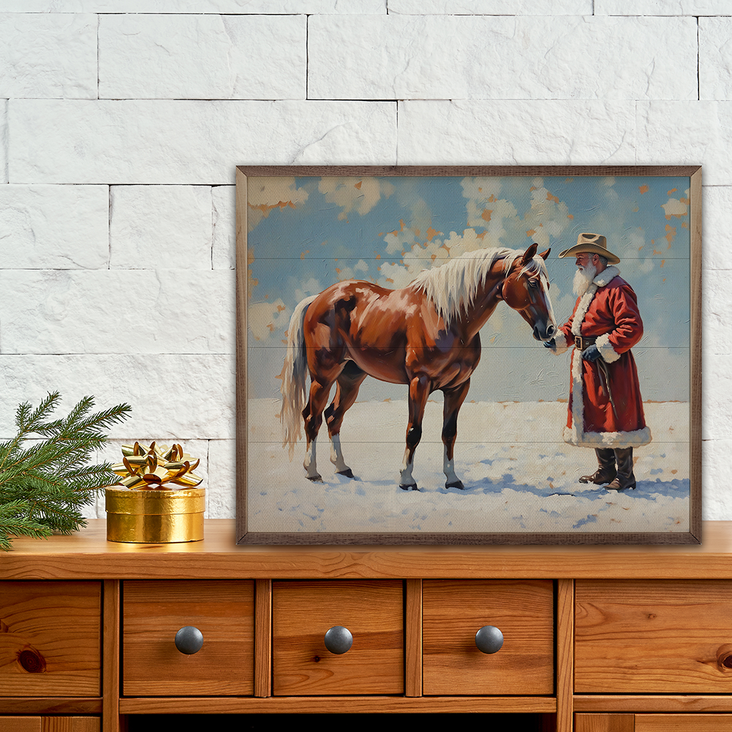 Santa In Field With Horse Printed and Framed Wall Sign