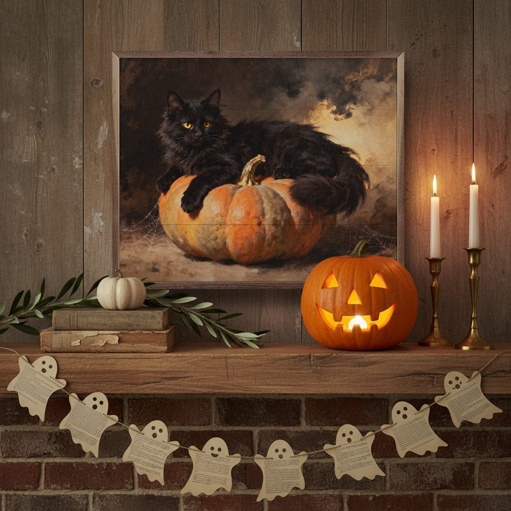 Black Cat On Pumpkin Printed and Framed Wall Sign