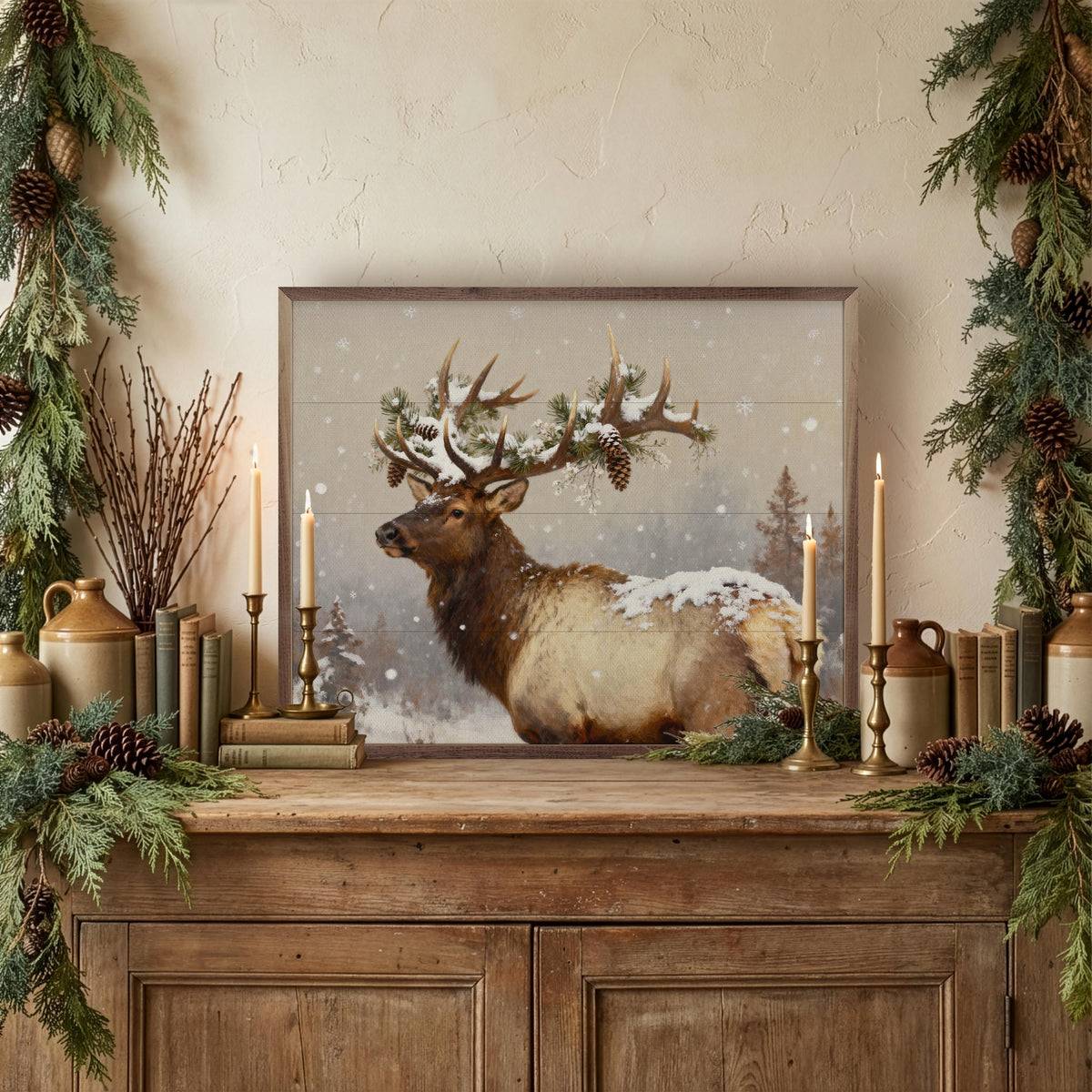 Holiday Elk Printed and Framed Wall Sign