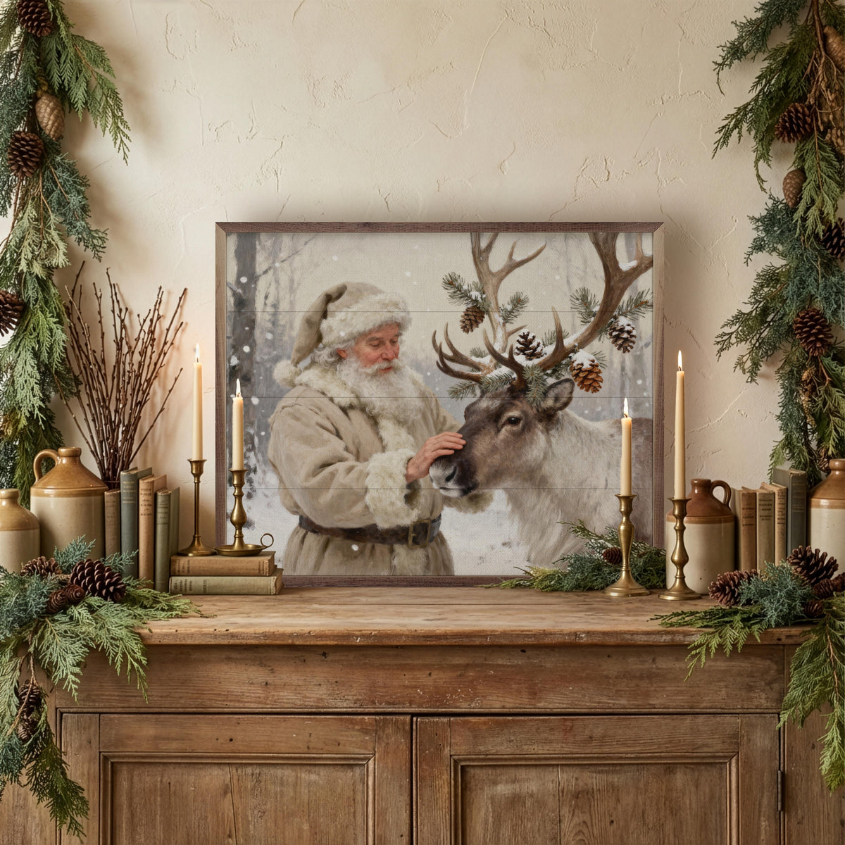Santa And His Decorated Reindeer Printed and Framed Wall Sign
