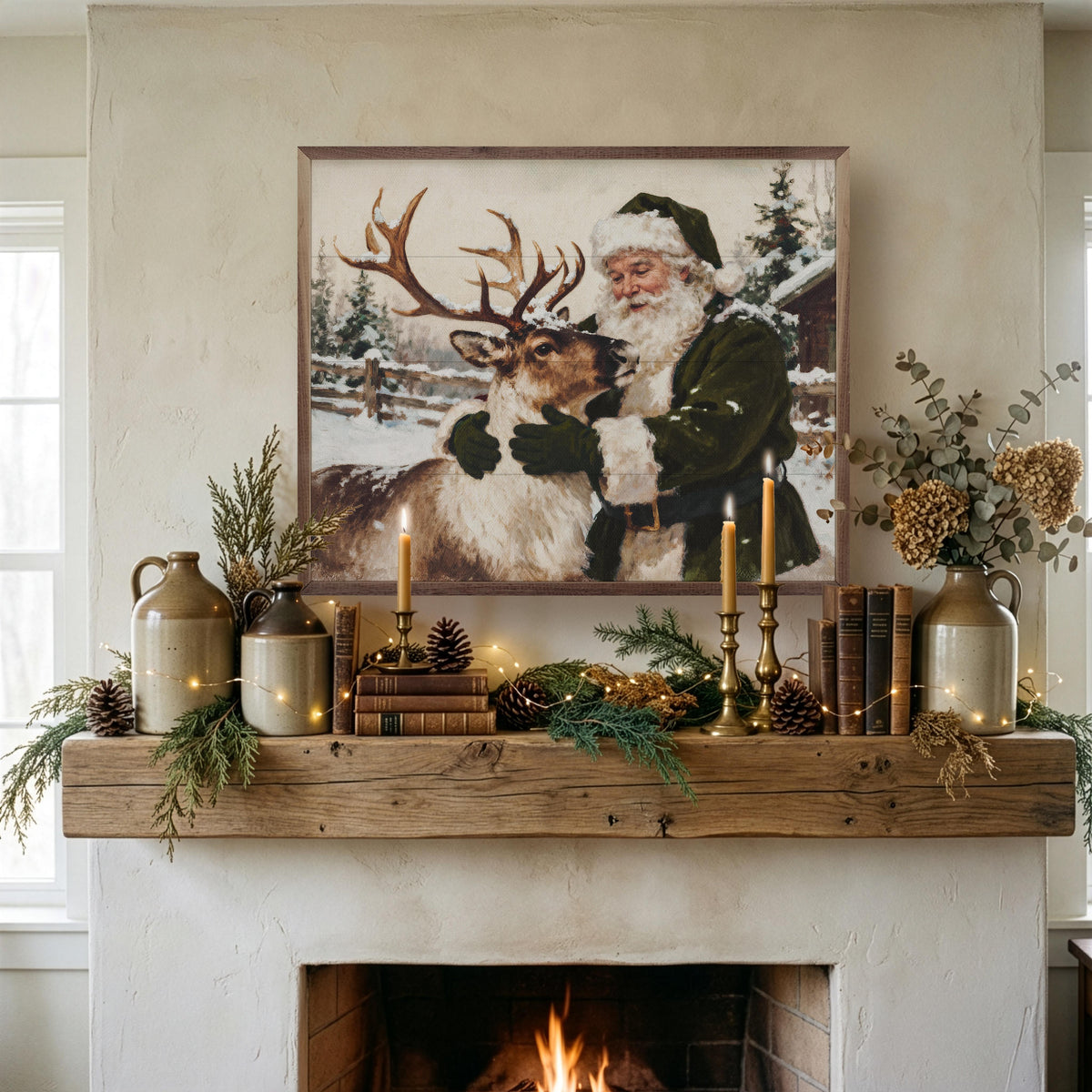 Santa And Reindeer Green Printed and Framed Wall Sign