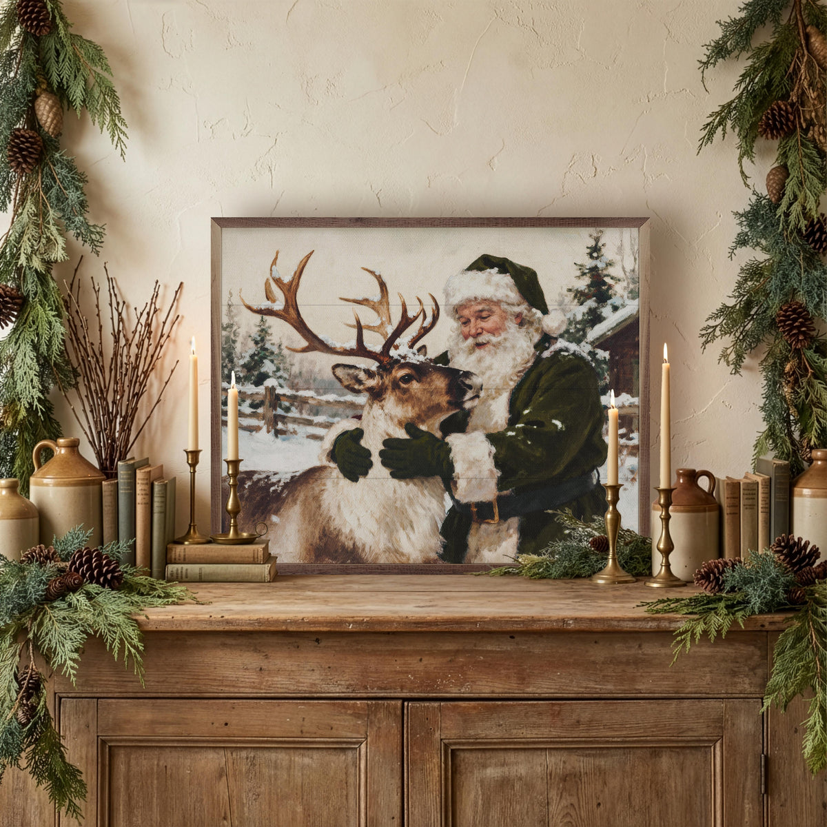 Santa And Reindeer Green Printed and Framed Wall Sign
