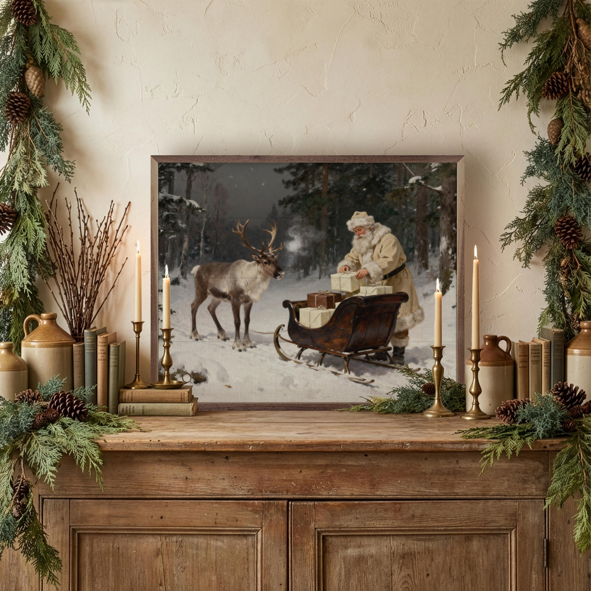 Santa's Sleigh In The Timber Printed and Framed Wall Sign